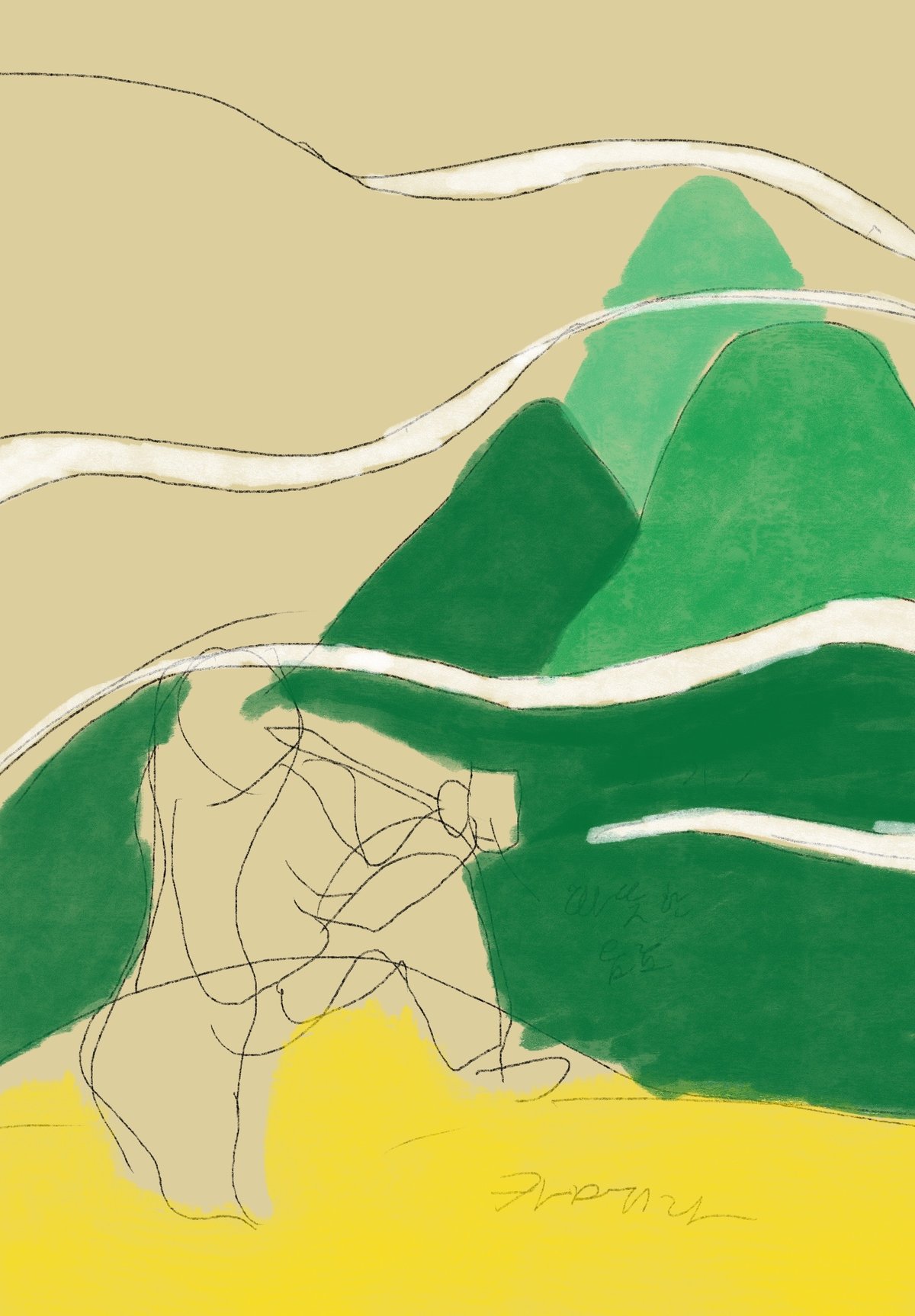 Color study of mountains in jade and indigo.