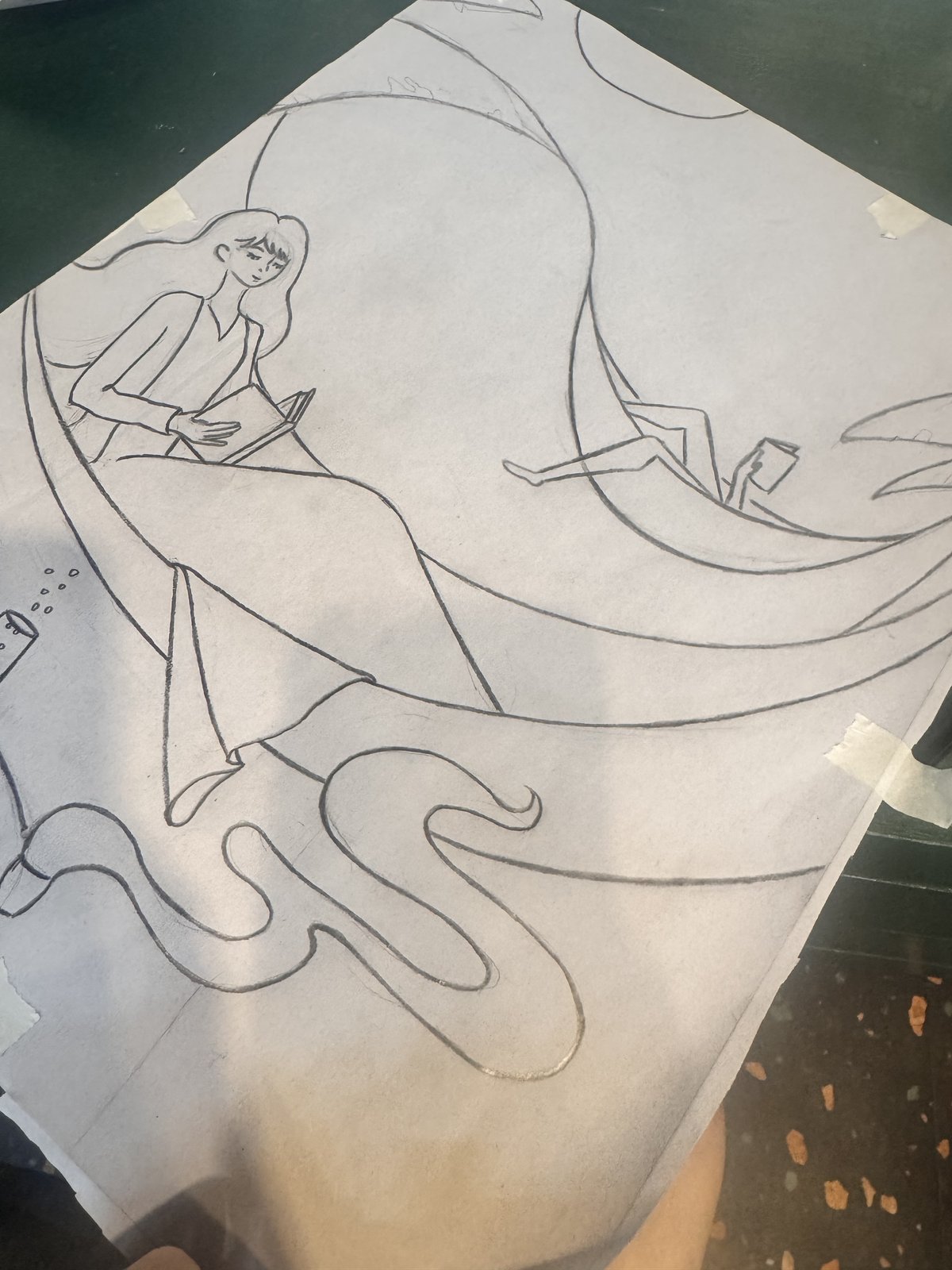 Sketch of a hammock composition with trees framing the figure.