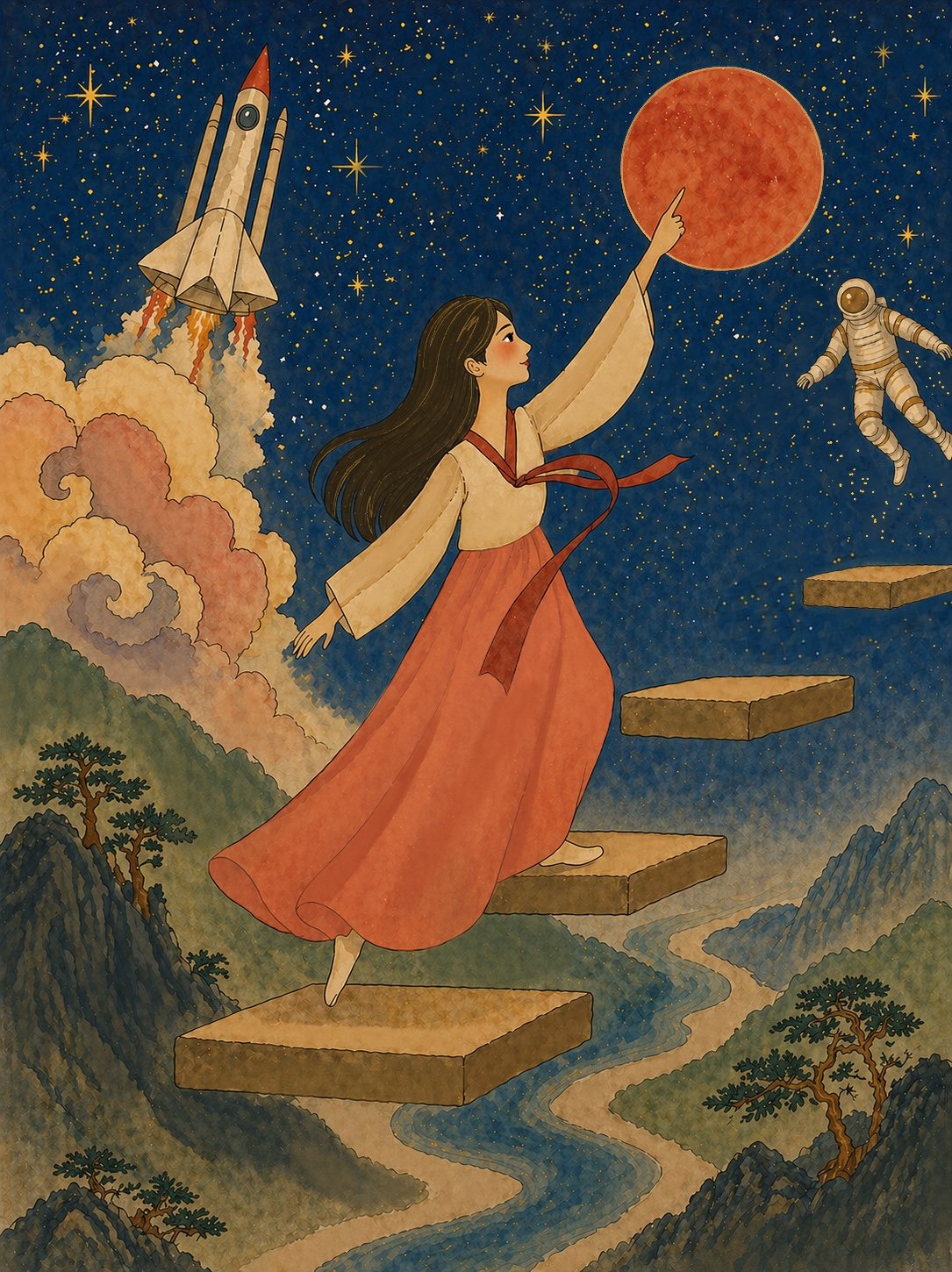 A woman in red hanbok ascends floating stone steps toward a red moon, with a rocket and astronaut in a starry sky beyond pine mountains.