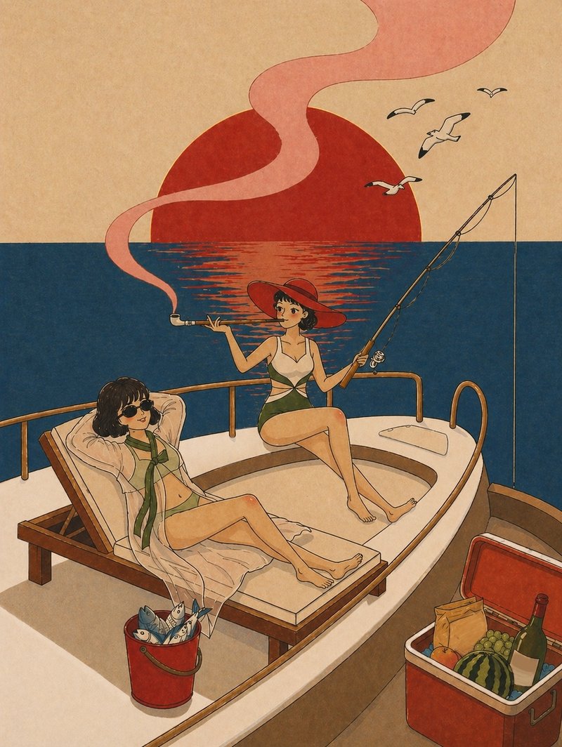 Crossing — two women on a boat under a red sun.