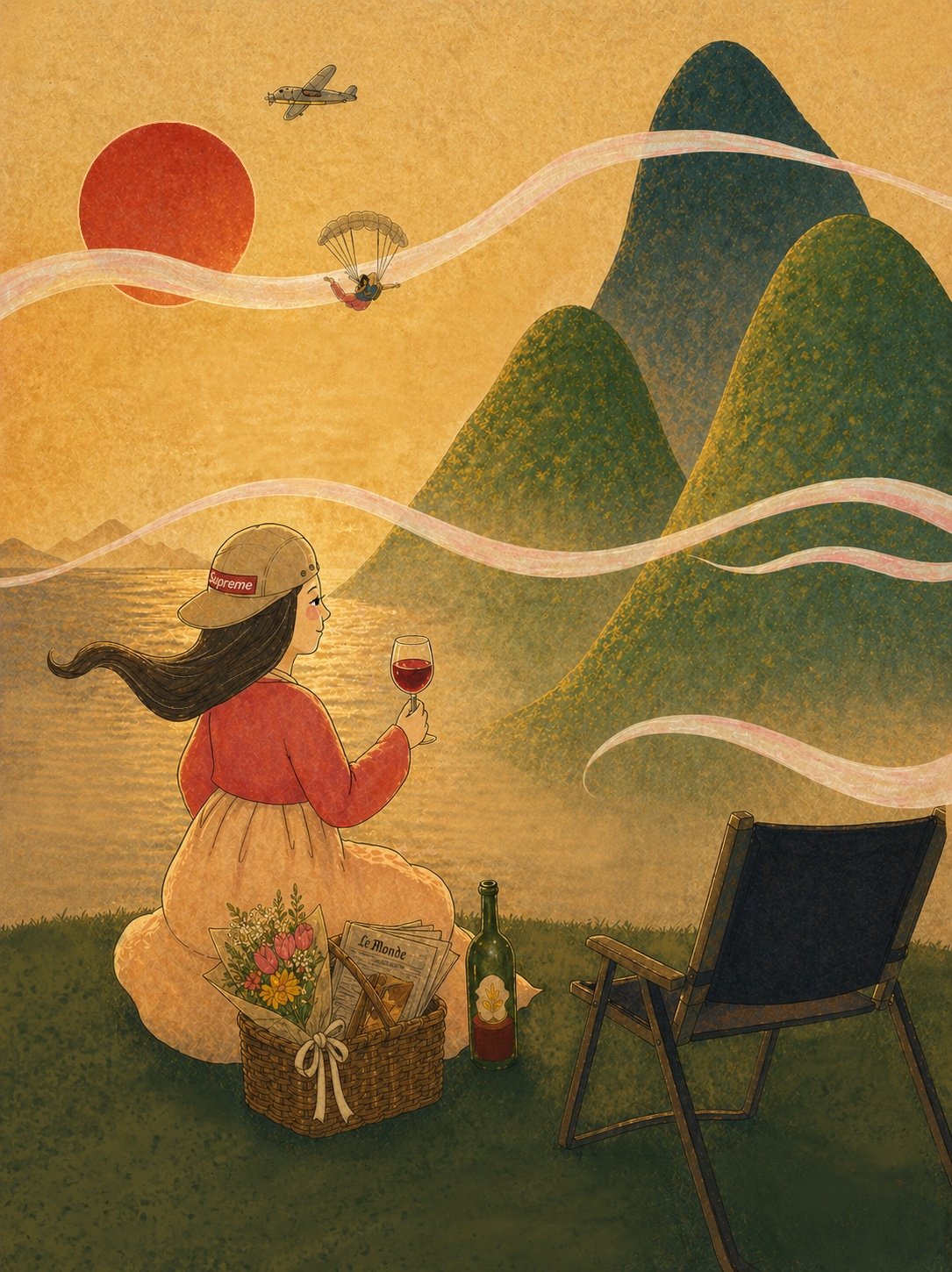 Open Landscape — a woman in a pink-and-pale dress sits in a yellow meadow with a wine glass and a picnic basket. A small plane and paraglider trail through the sky over layered green mountains, with a red sun.