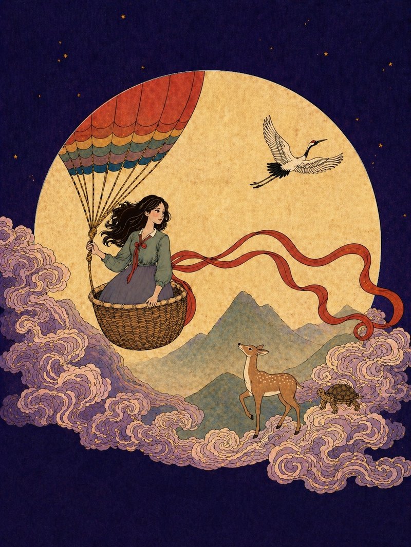 Sky Crossing — a woman in a hot-air balloon with a crane, a deer, and a turtle in clouds.