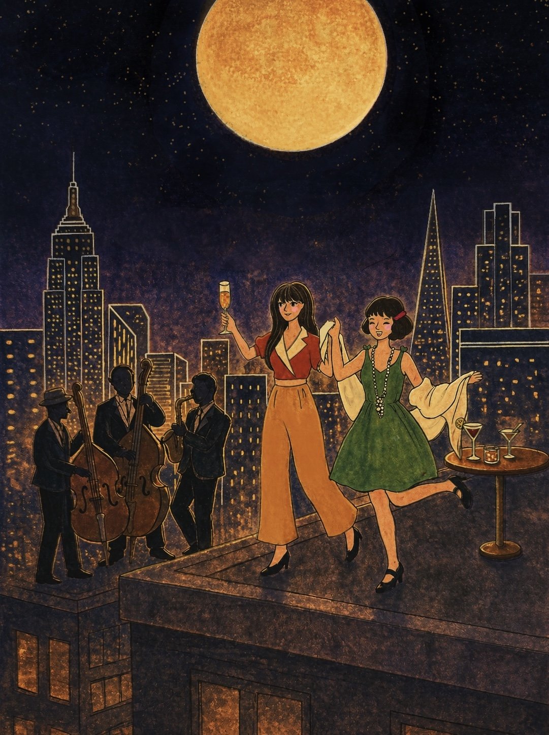 Moonlit City — two women in 1970s dress dance on a rooftop above a city skyline under a full yellow moon. A small jazz trio plays at the edge of the roof with string lights and cocktails on a table.