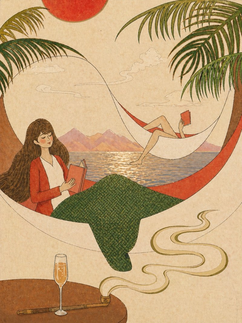 Rest by Water — a woman reading in a hammock by the sea.